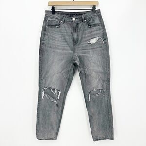 American Eagle Women Mom Jeans 10 Gray High Rise Distressed Thrashed Grunge Edgy